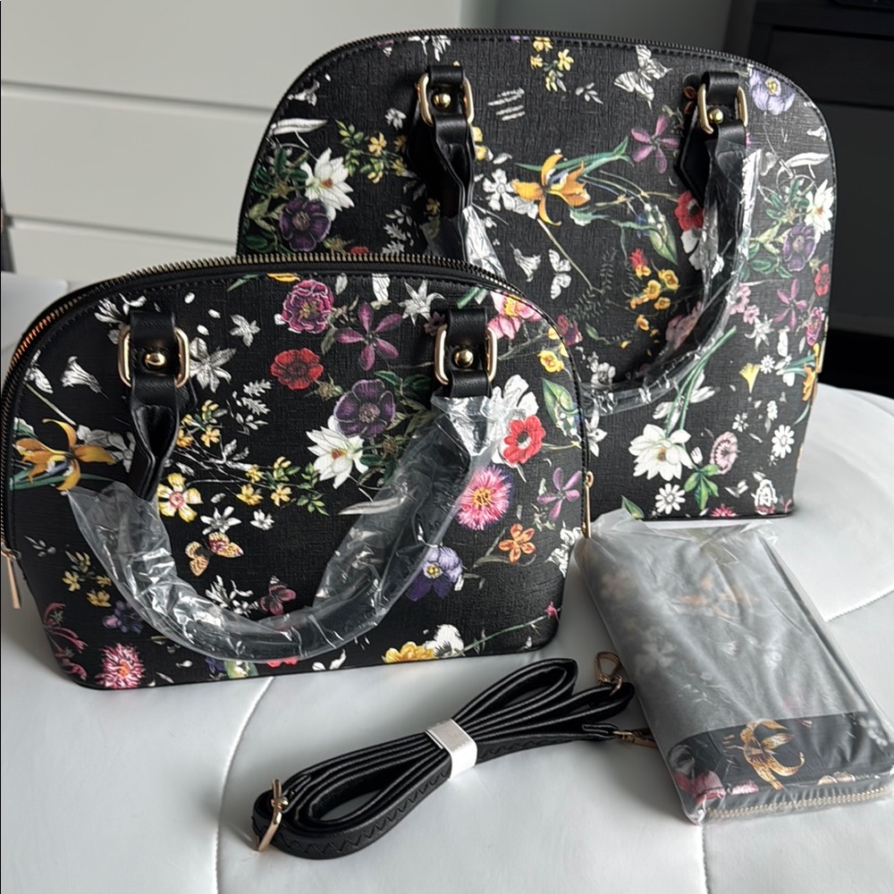 Floral Black Women's Handbag Set